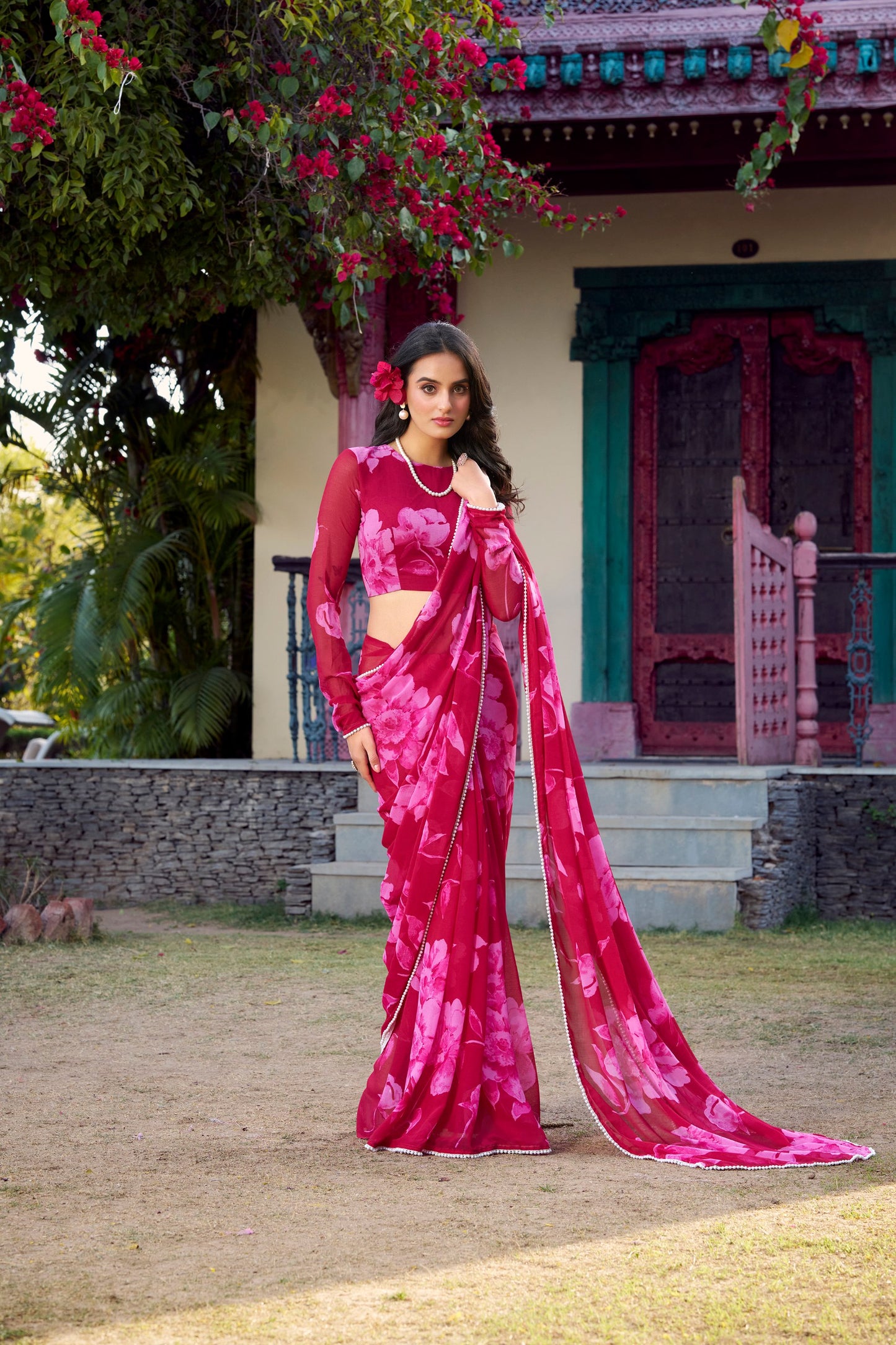 Elegant Floral Printed Pink Chiffon Saree with Pearl Lace Border and Matching Blouse