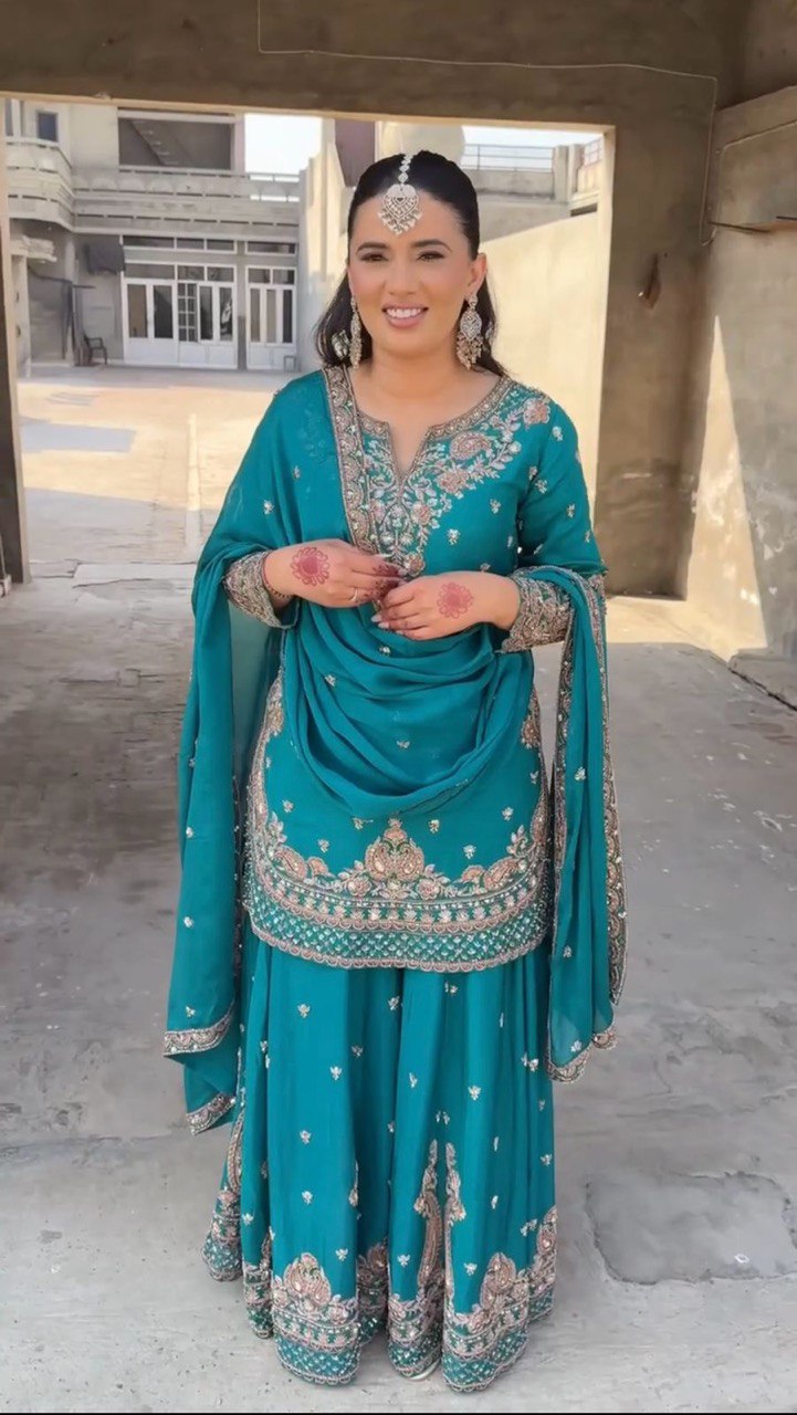 Bottle Green Chinon Silk Thread Work Suit with Sequins and Lace Border Dupatta
