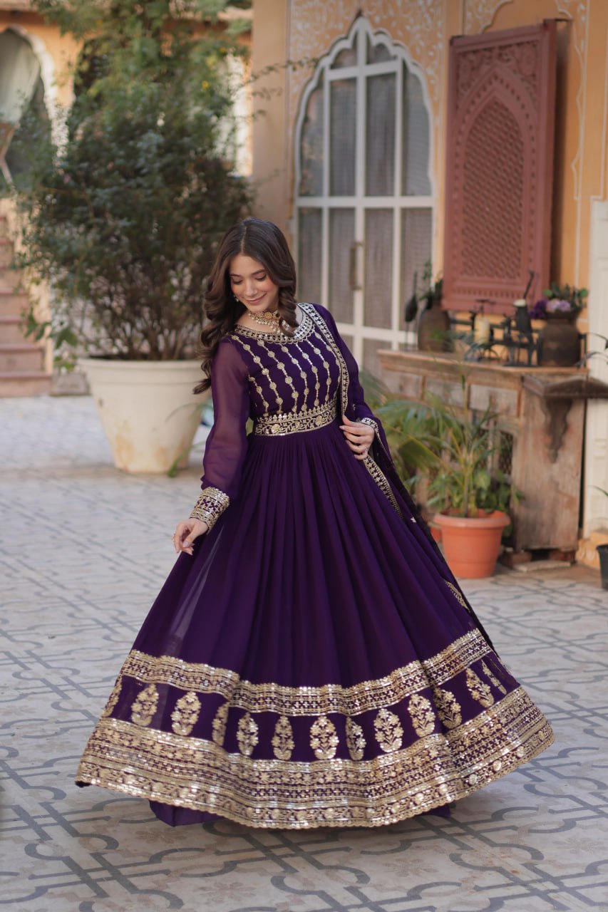 Purple Faux Blooming Embroidered Gown with Dupatta – Zari & Sequin Work