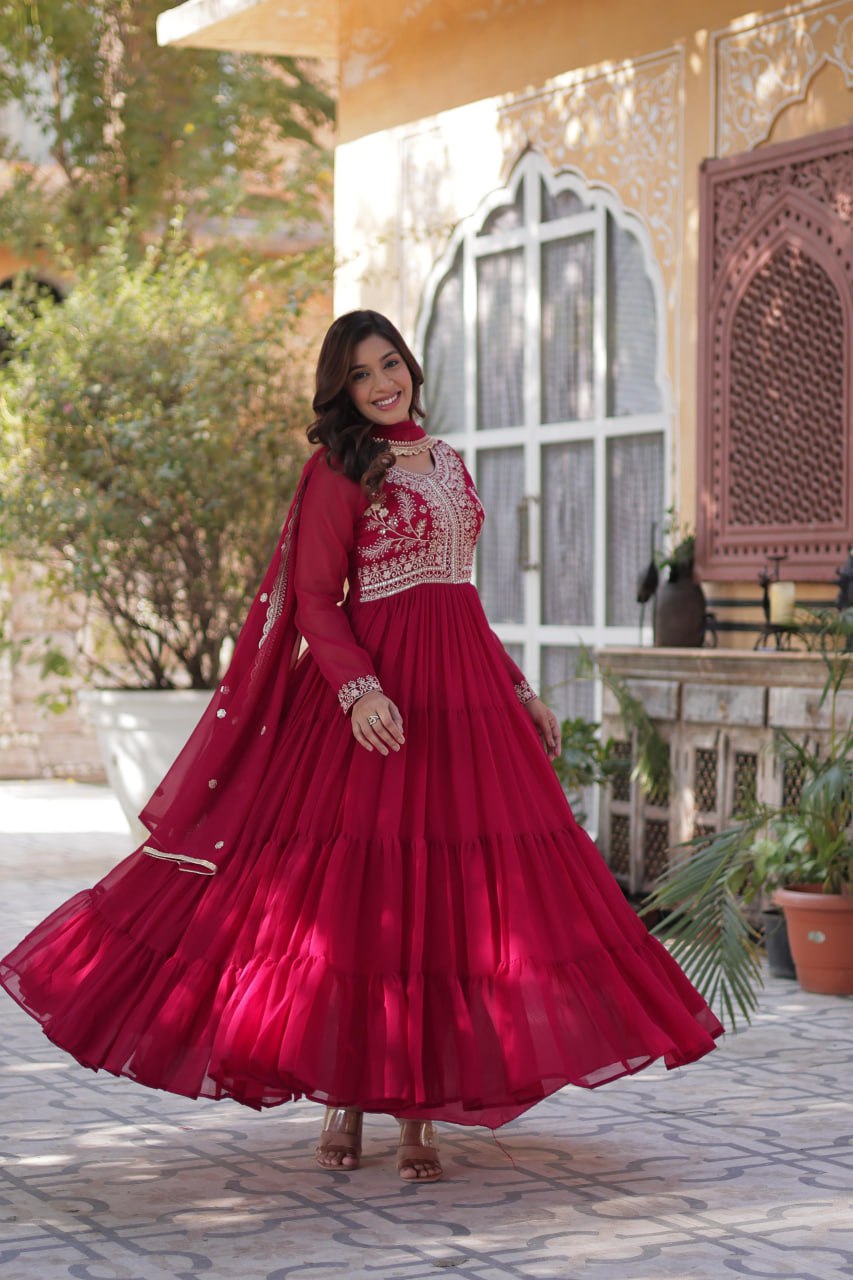 Rani Pink Faux Blooming Georgette Gown with Pearl Embroidery & Dupatta