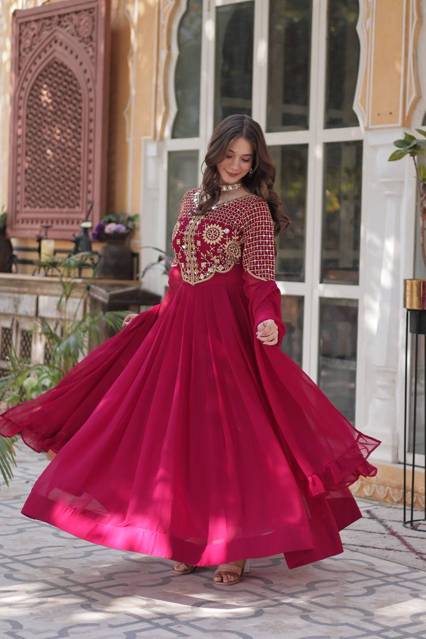 Red Embroidered Faux Blooming Georgette Gown with Dupatta