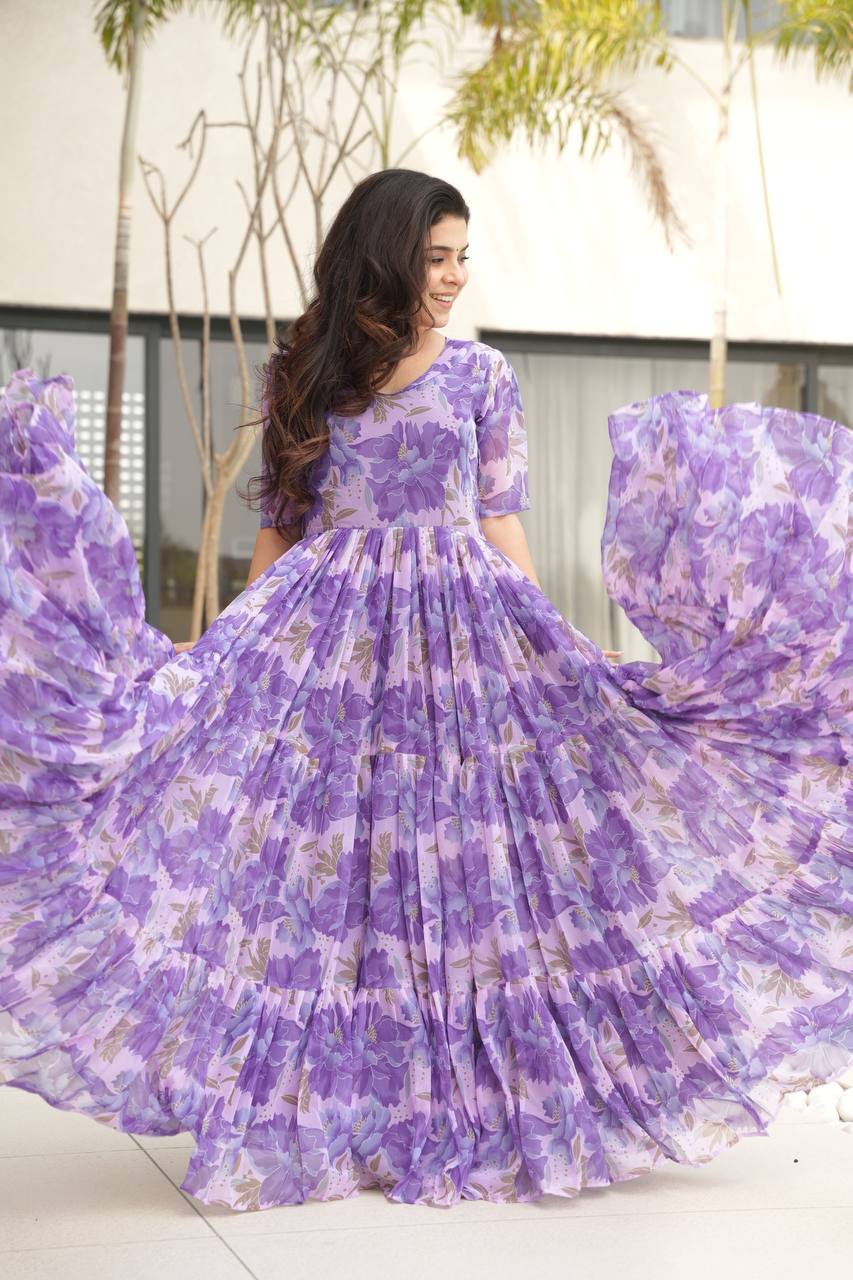 Printed Faux Georgette Purple Gown with Fancy V Neck – 12 Meter Flair Elegance