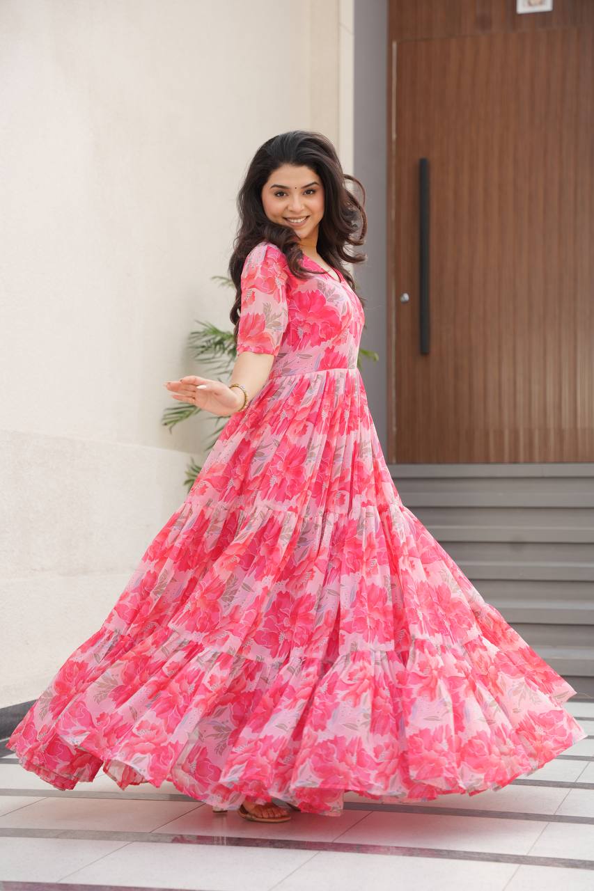 Printed Faux Georgette Pink Gown with Fancy V Neck – 12 Meter Flair Elegance