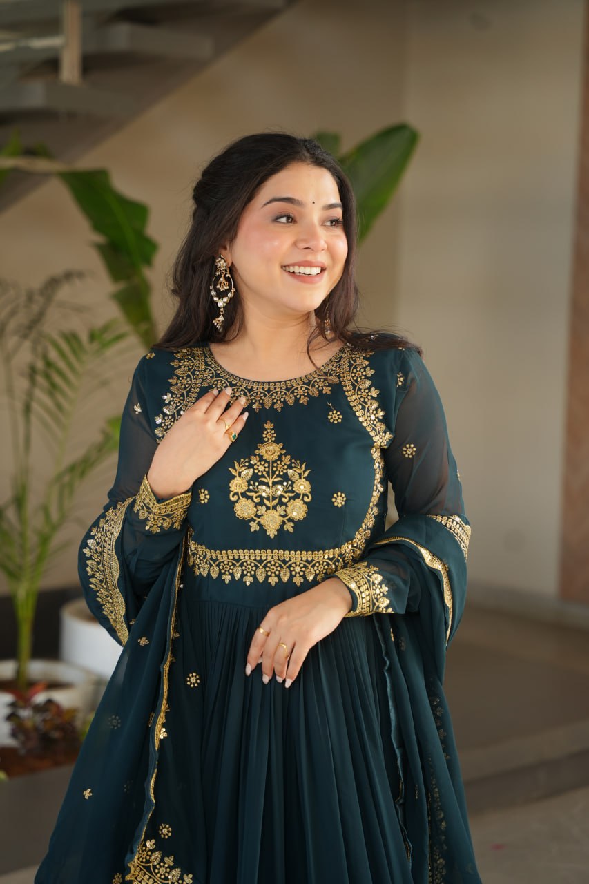 Bottle Green Faux Blooming Georgette Embroidered Gown with Dupatta