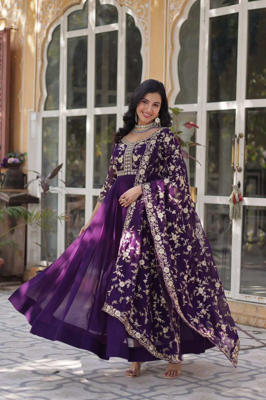 Purple Faux Blooming Multi-Sequins & Zari Embroidered Gown with Dupatta
