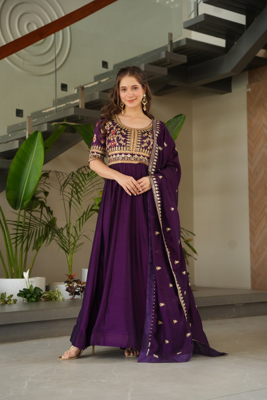 Vichitra Silk Sequins & Zari Embroidered Purple Gown with Dupatta