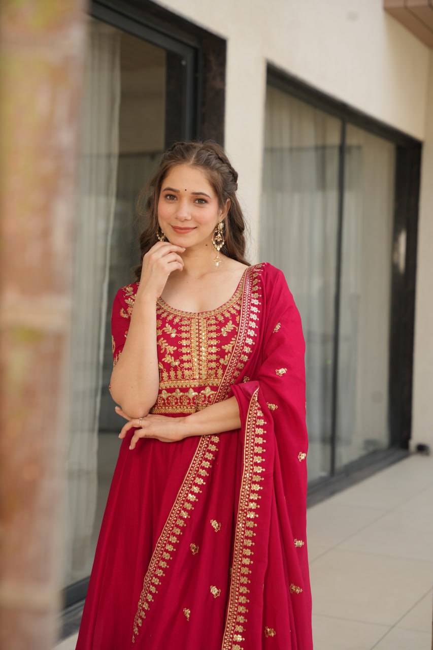 Vichitra Silk Sequins & Zari Embroidered Pink Gown with Dupatta