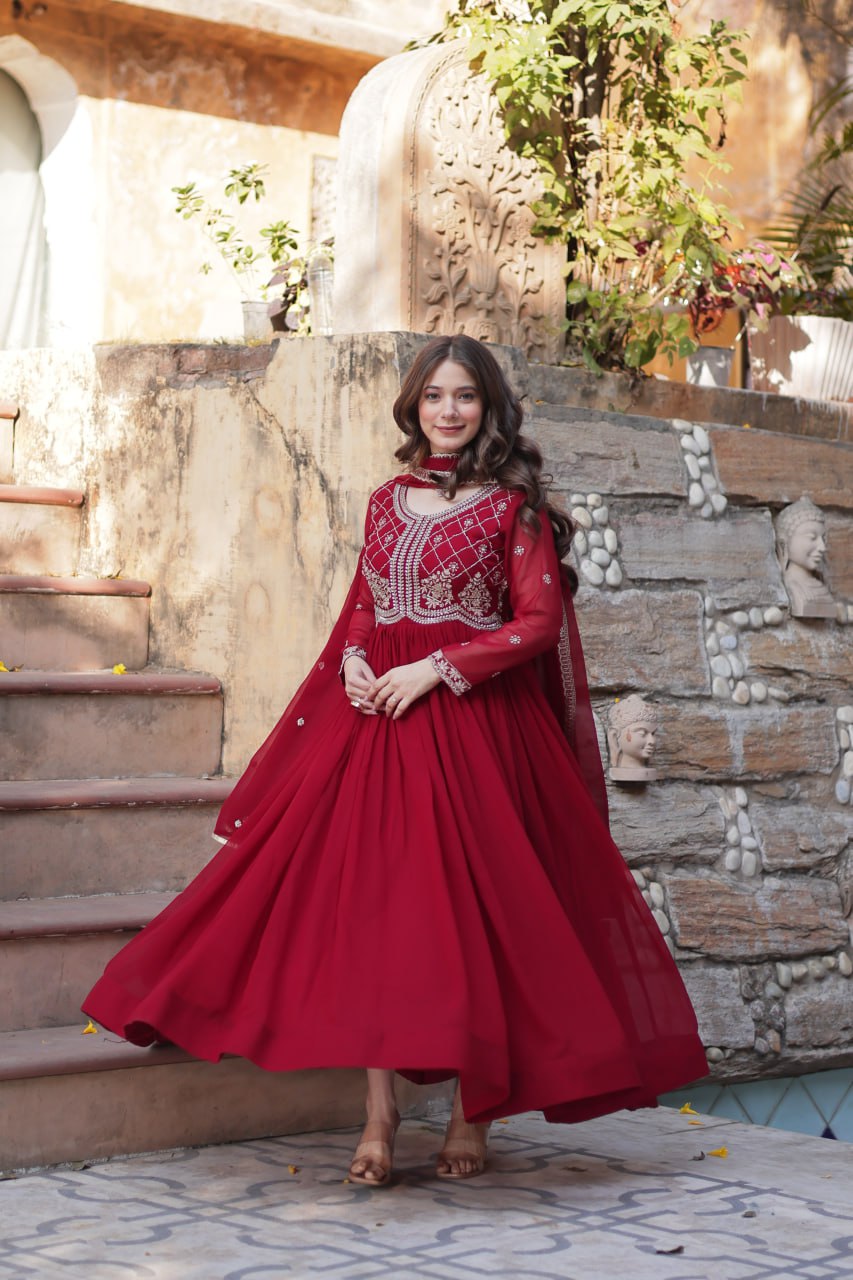 Maroon Faux Blooming Sequins & Beads Embroidered Gown with Dupatta