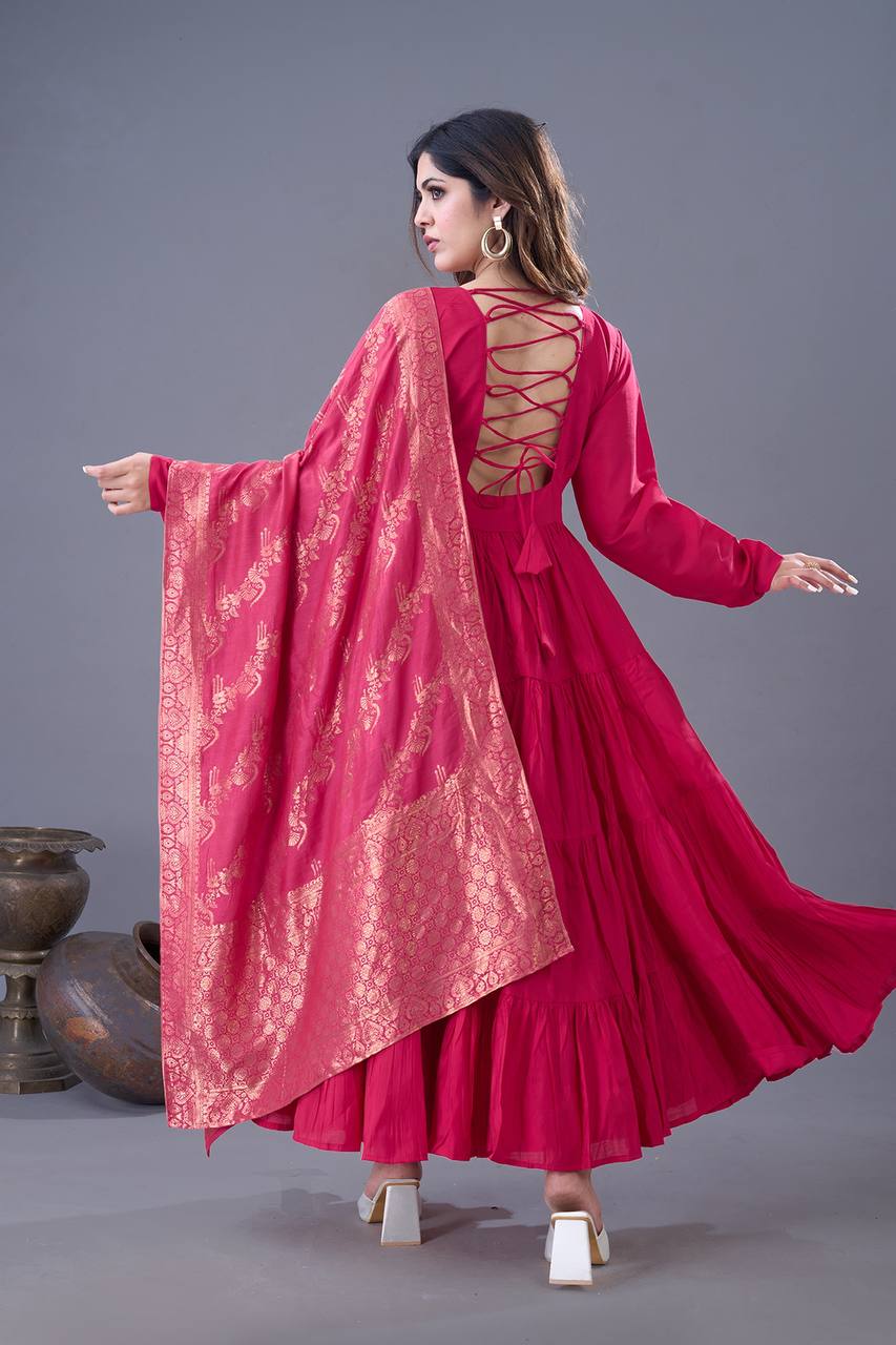 Elegant Rani Pink Roman Silk Gown Set | Festive & Wedding Wear