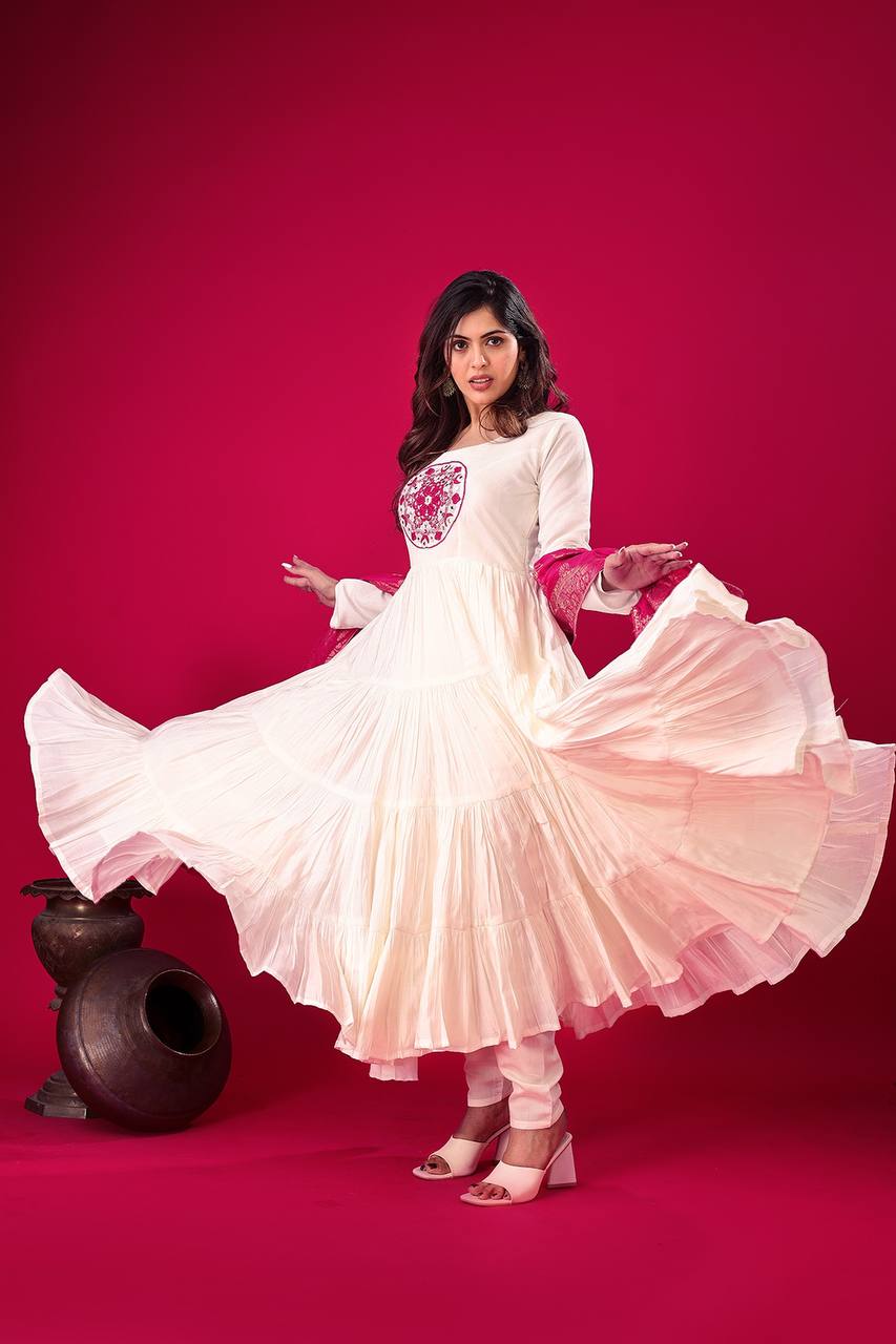 Elegant Off White Roman Silk Gown Set | Festive & Wedding Wear