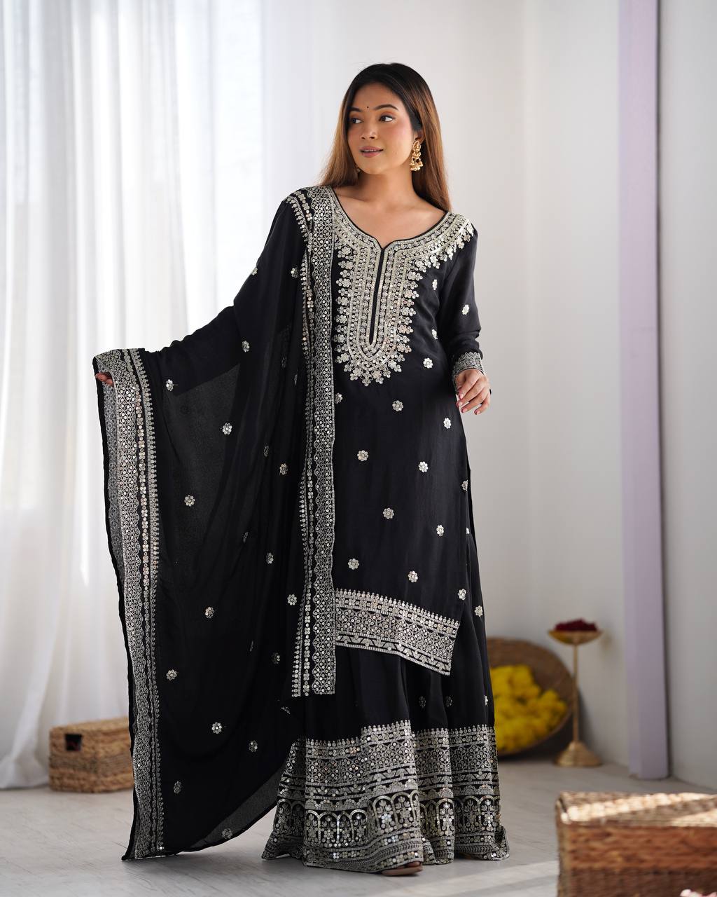 Pure Chinnon Silk Embroidered Sharara Set with Dupatta – Fully Stitched Party Wear