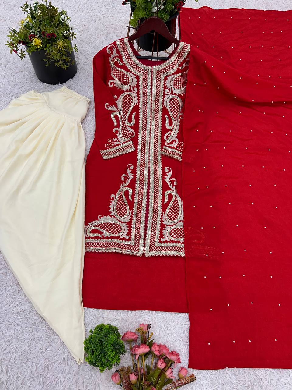 Heavy Red Chinon Silk Embroidered Dhoti Style Suit with Rivet Moti Dupatta – Fully Stitched