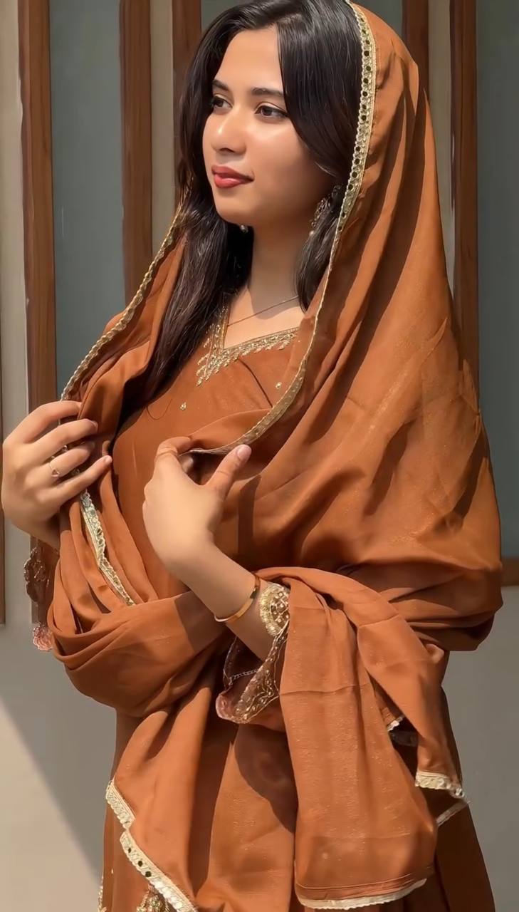 Faux Georgette Sharara Suit with Moti & Sequence Work – Fully Stitched Set