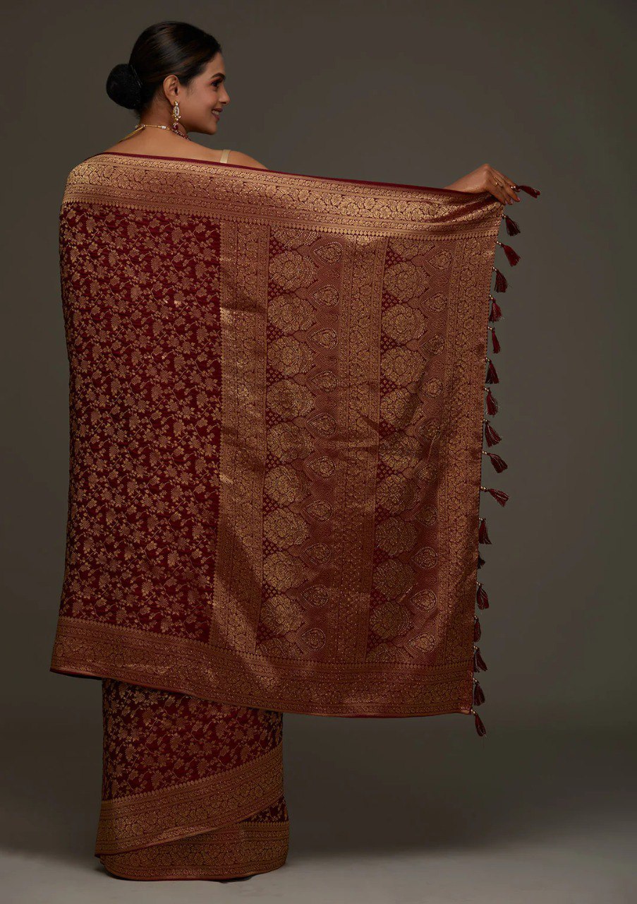 Banarasi Maroon Soft Silk Saree with Jacquard Border Blouse