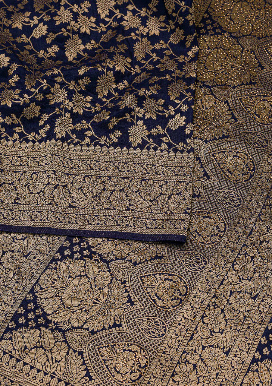 Banarasi Navy Blue Soft Silk Saree with Jacquard Border Blouse