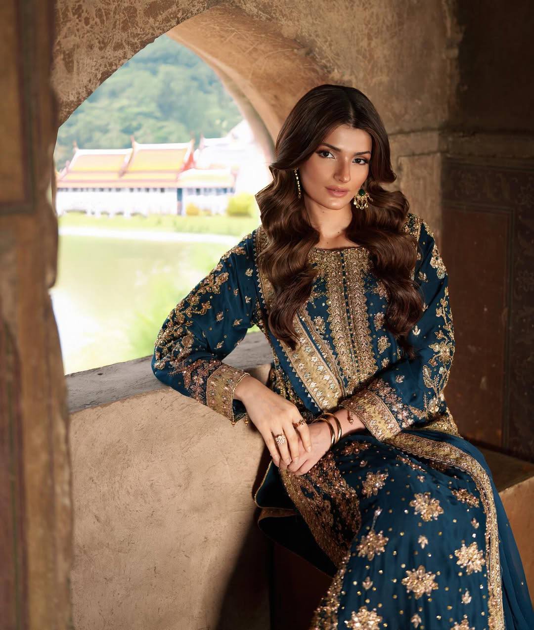 Heavy Bottle Green Georgette Embroidered Suit with Moti Work