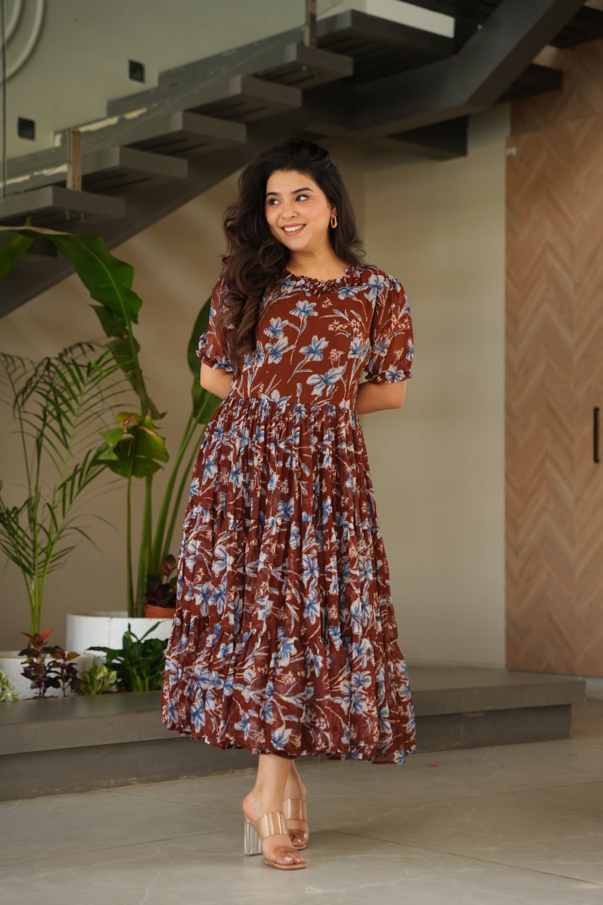Brown Printed Faux Georgette Gown with Cotton Lining & Fancy Neck