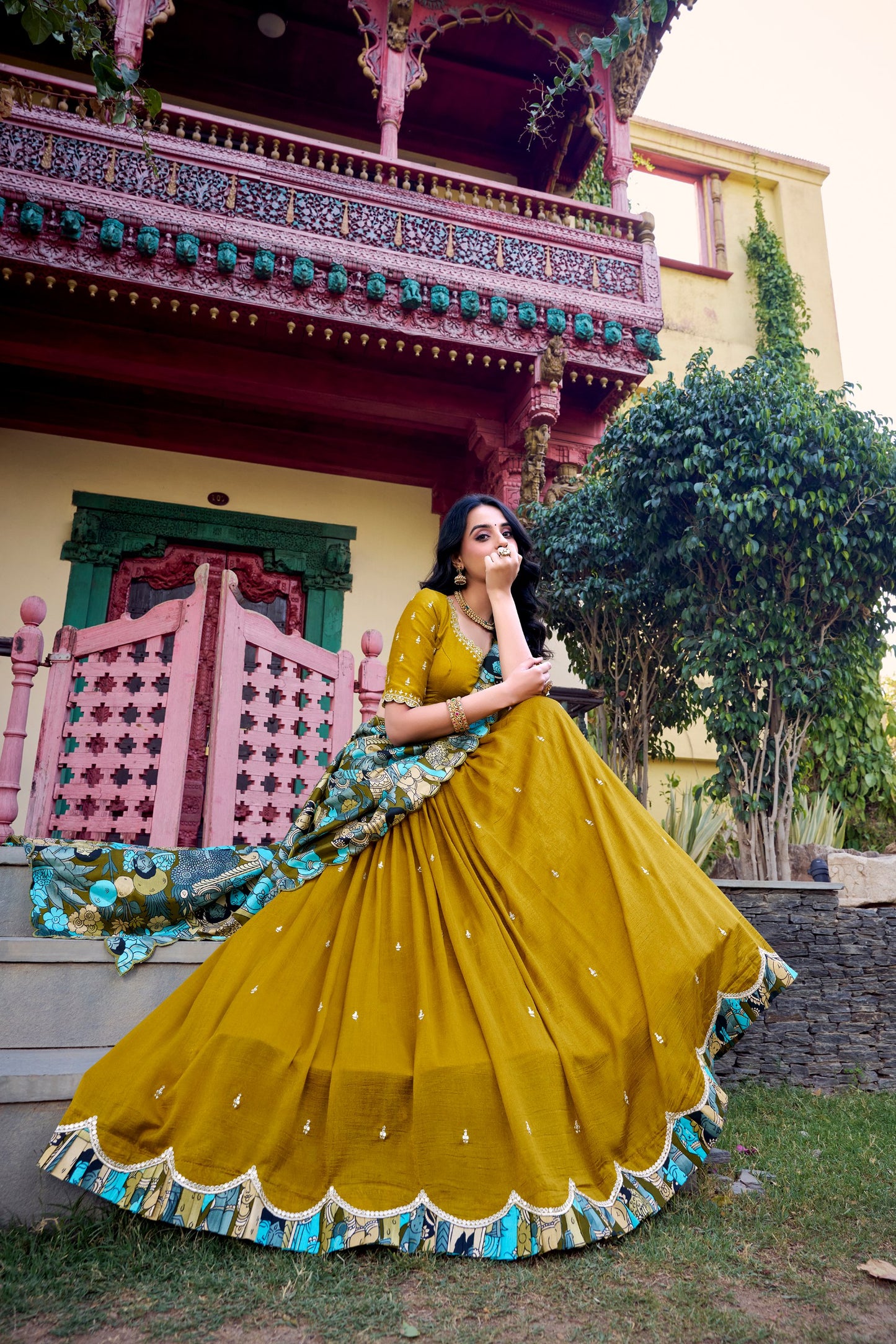 Mustard Yellow Vichitra Silk Lehenga Set with Kalamkari Print Border & Tussar Silk Dupatta