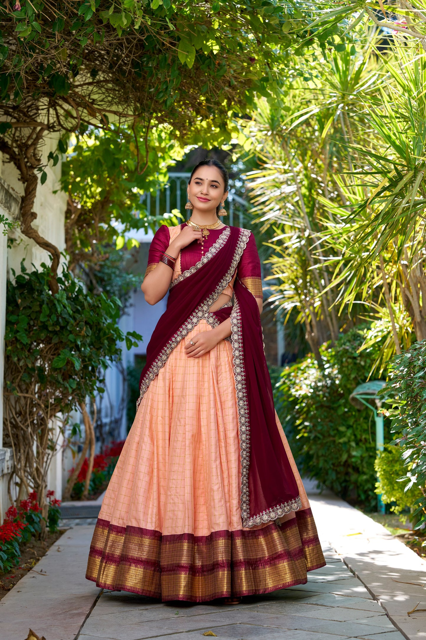 Zari Chex Peach Lehenga Set with Stitched Blouse and Embroidered Georgette Dupatta