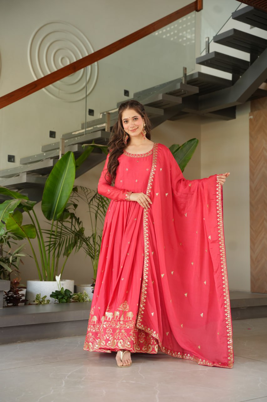 Pink Chinnon Embroidered Gown with Sequins Dupatta