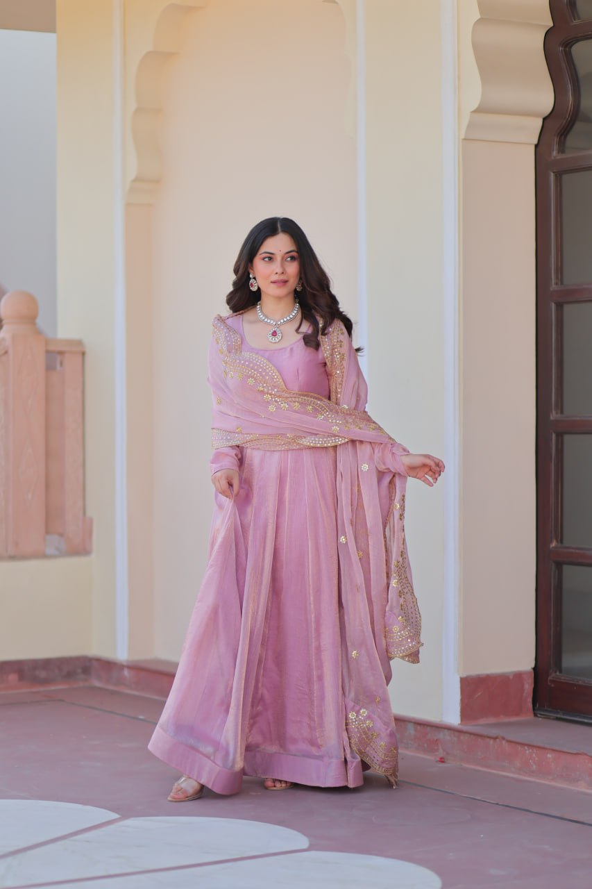 Lavender Fendy Chiffon 12-Kali Anarkali Gown with Embroidered Cut-Work Dupatta