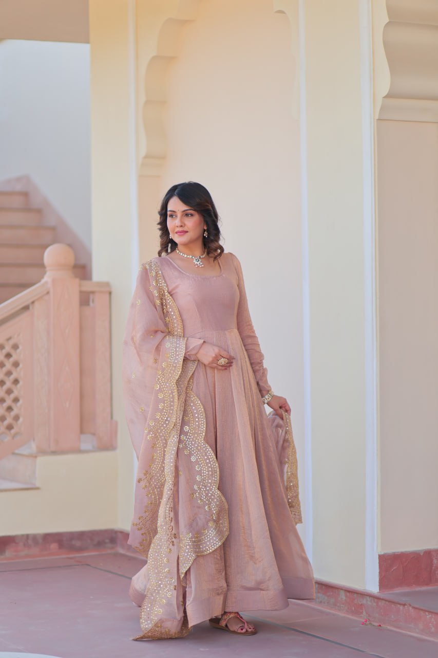 Peach Fendy Chiffon 12-Kali Anarkali Gown with Embroidered Cut-Work Dupatta