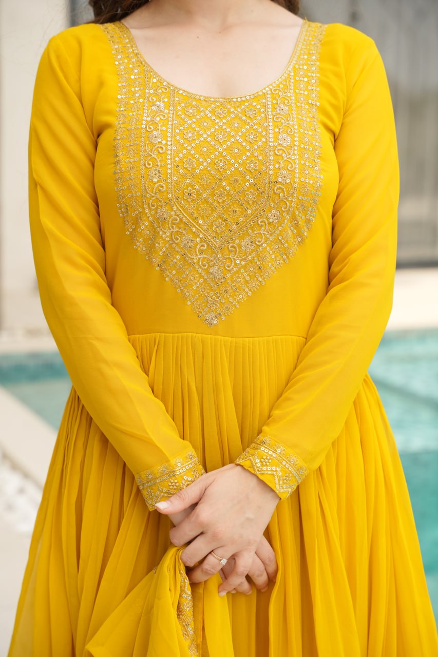 Yellow Fendy Chiffon 12-Kali Anarkali Gown with Embroidered Cut-Work Dupatta