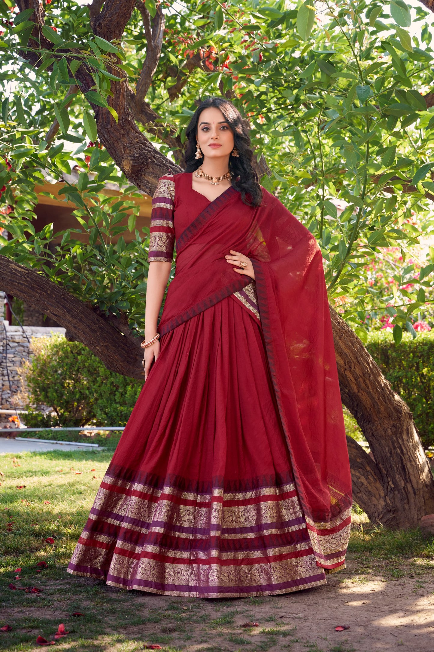 Pure Chanderi Red Lehenga with Zari Weaving Work Border & Dupatta
