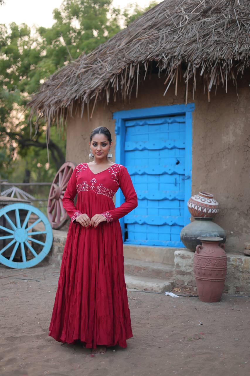 Stunning Maroon Mirror Work Rayon Navratri Wear Gown By Stylish Ethnic