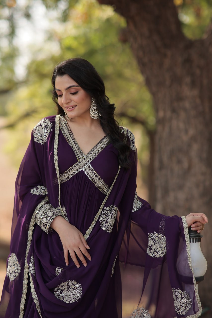 Purple Zari Sequin Embroidered Faux Blooming Gown By Stylish Ethnic