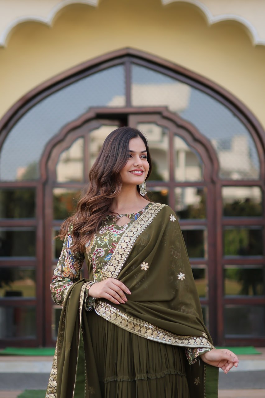 Mehendi Green Colour Premium Readymade Gown With Dupatta By Stylish Ethnic