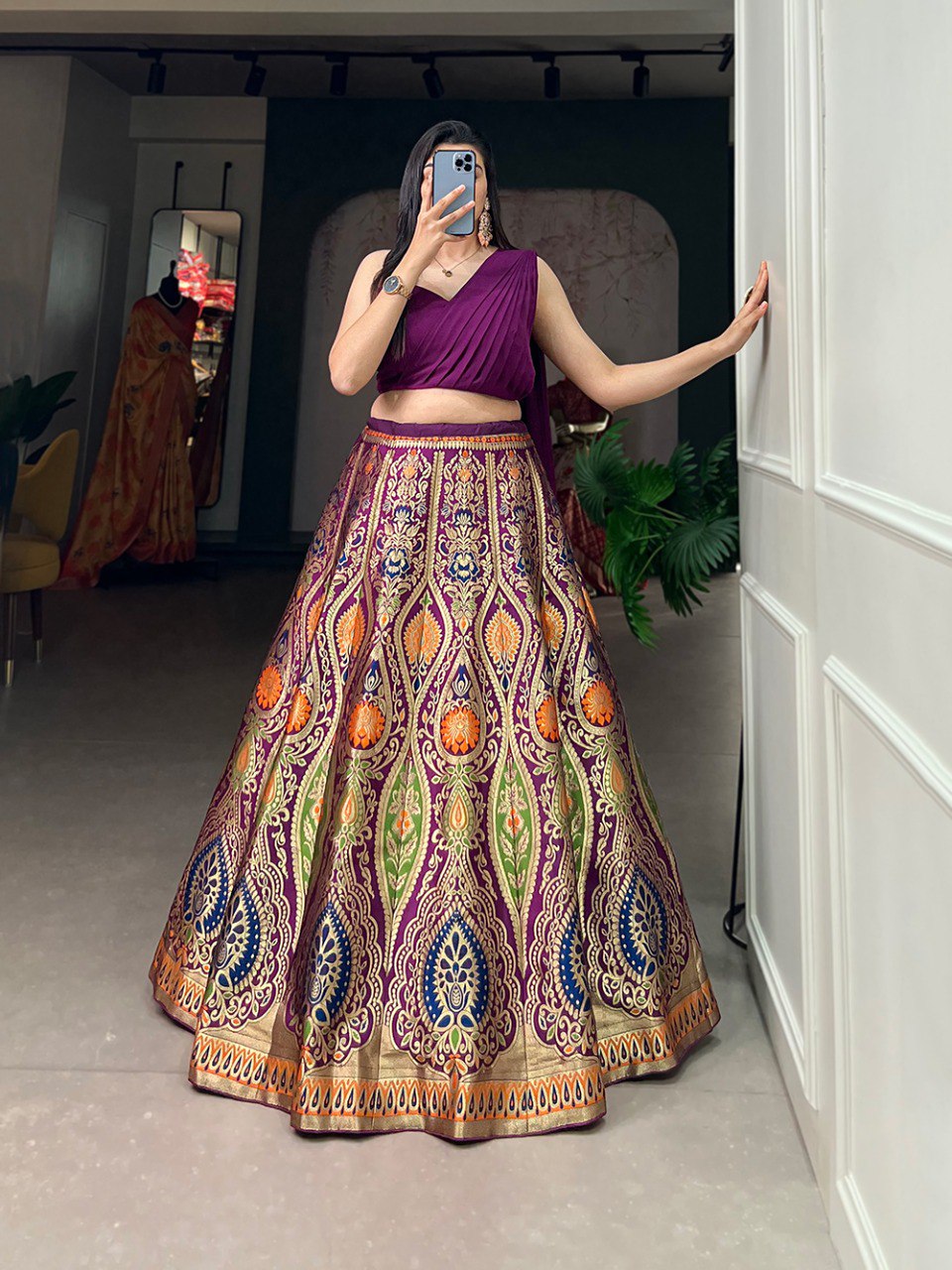 Banarsi Silk Zari Weaving work Purple Lehenga Choli Set