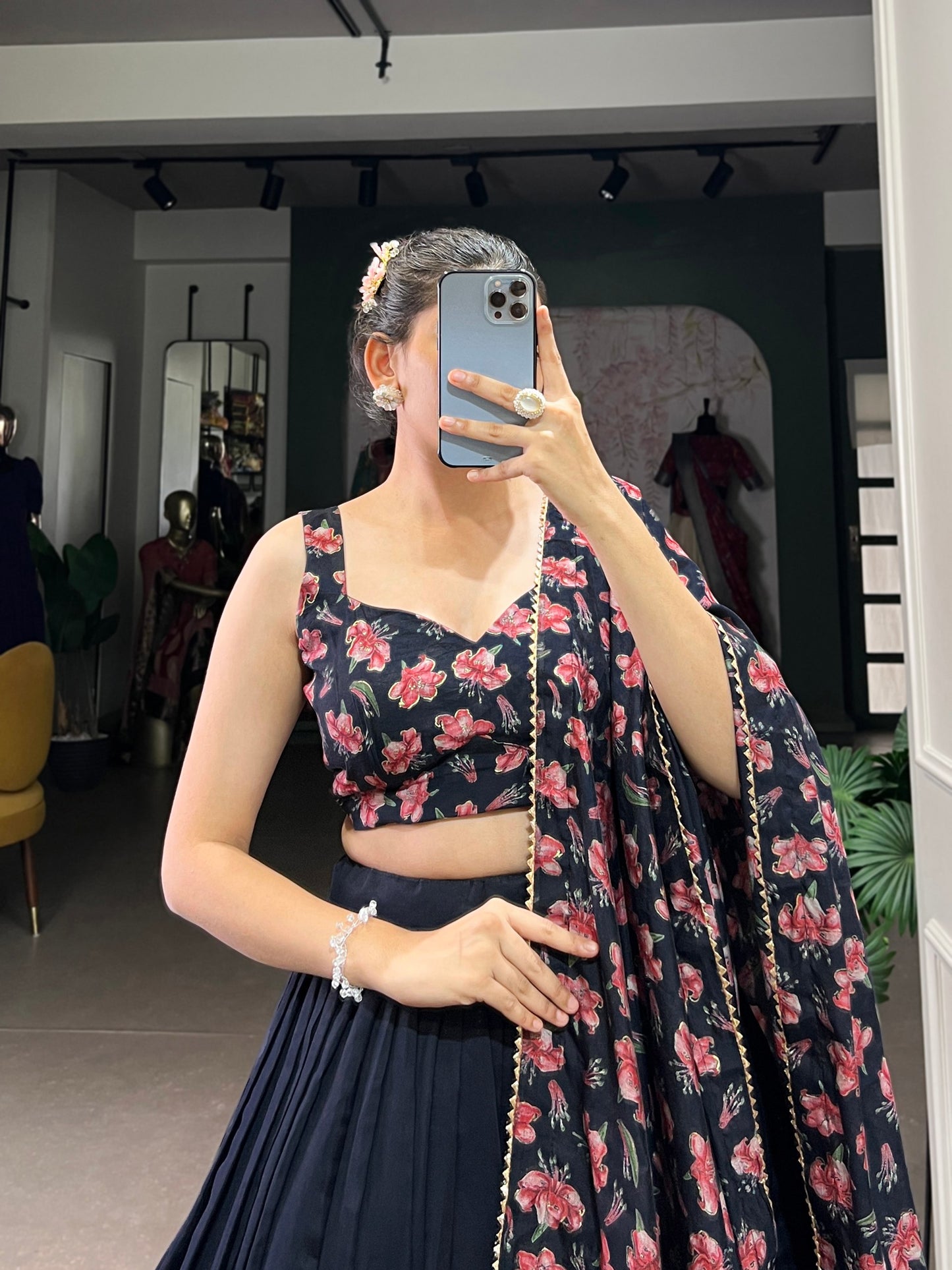 Floral Print Lehenga Choli in Navy Blue Tussar Silk With Foil Work and Dupatta