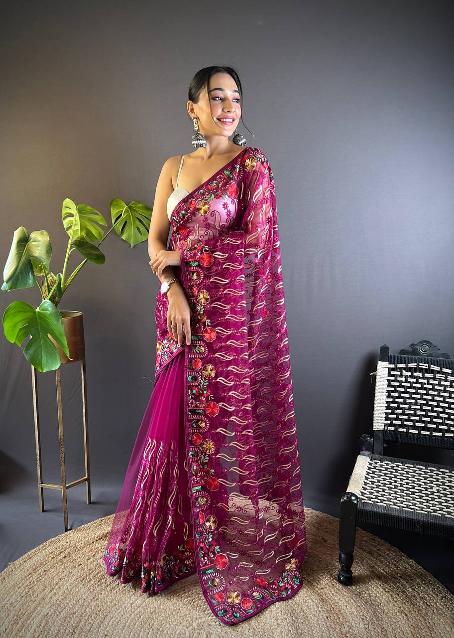 Bollywood Designer Rani Pink Saree with Chain Stitch Work