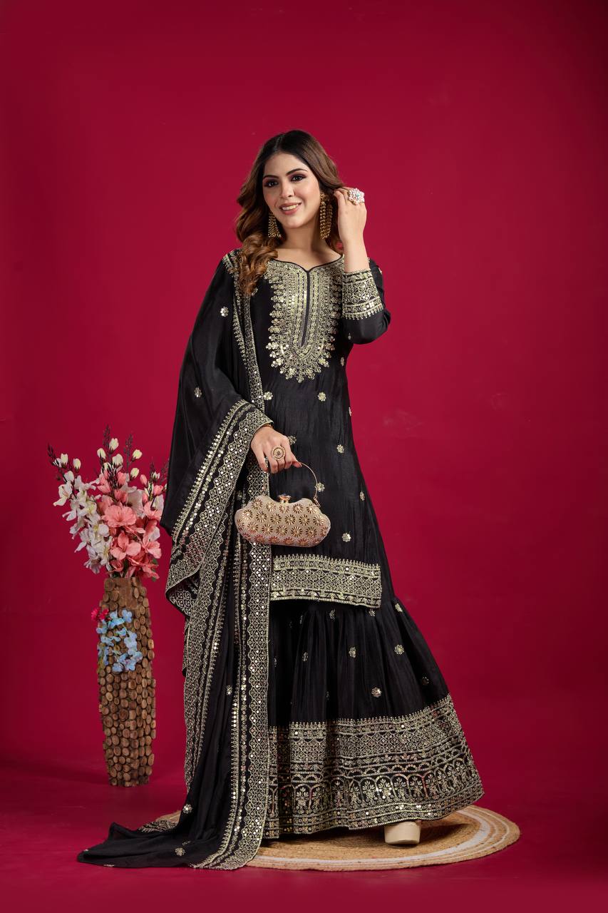 Black Chinnon Silk With Heavy Embroidery Sequence Work Top-Plazo And Dupatta Set