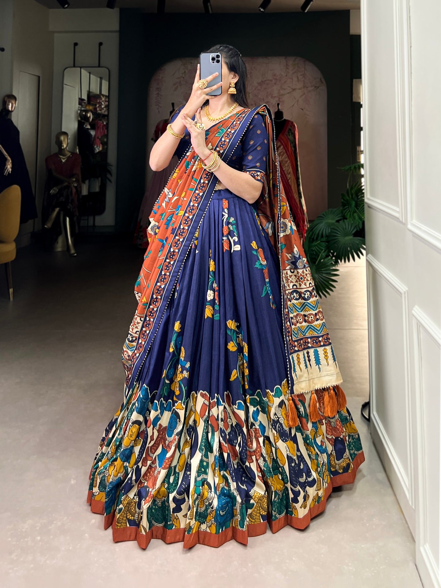 Navy Blue Tussar Silk Kalamkari Lehenga Set with Zari Weaving Border