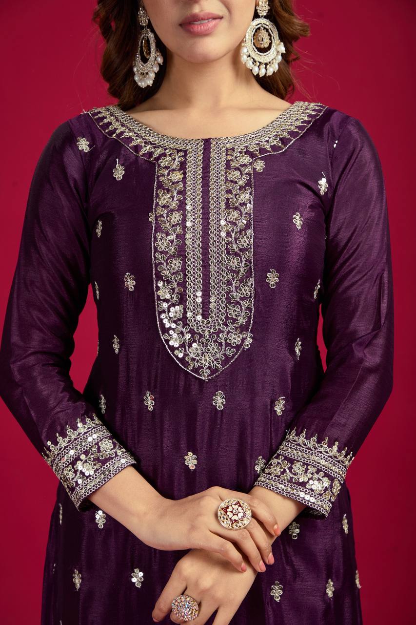 Wine-Yellow Chinnon Silk Embroidered Top-Bottom And Dupatta Set Fully Stitched Ready To Wear
