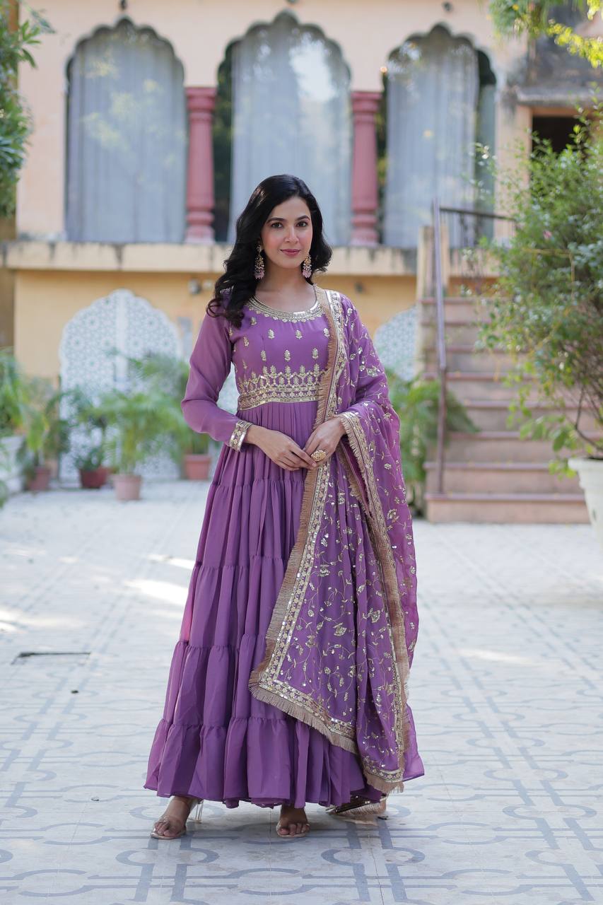 Purple Readymade Anarkali Suit In Ruffle Style