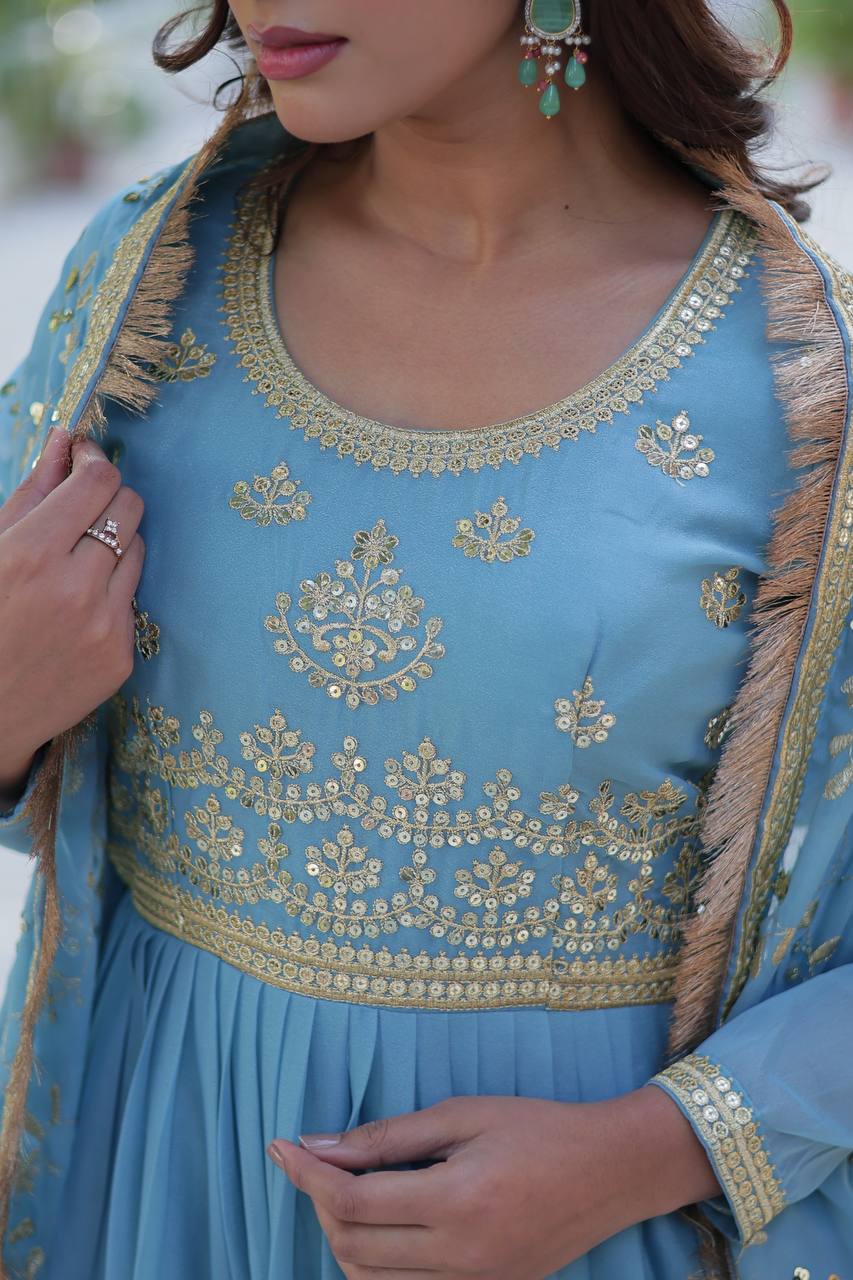 Sky Blue Georgette Readymade Suit With Dupatta