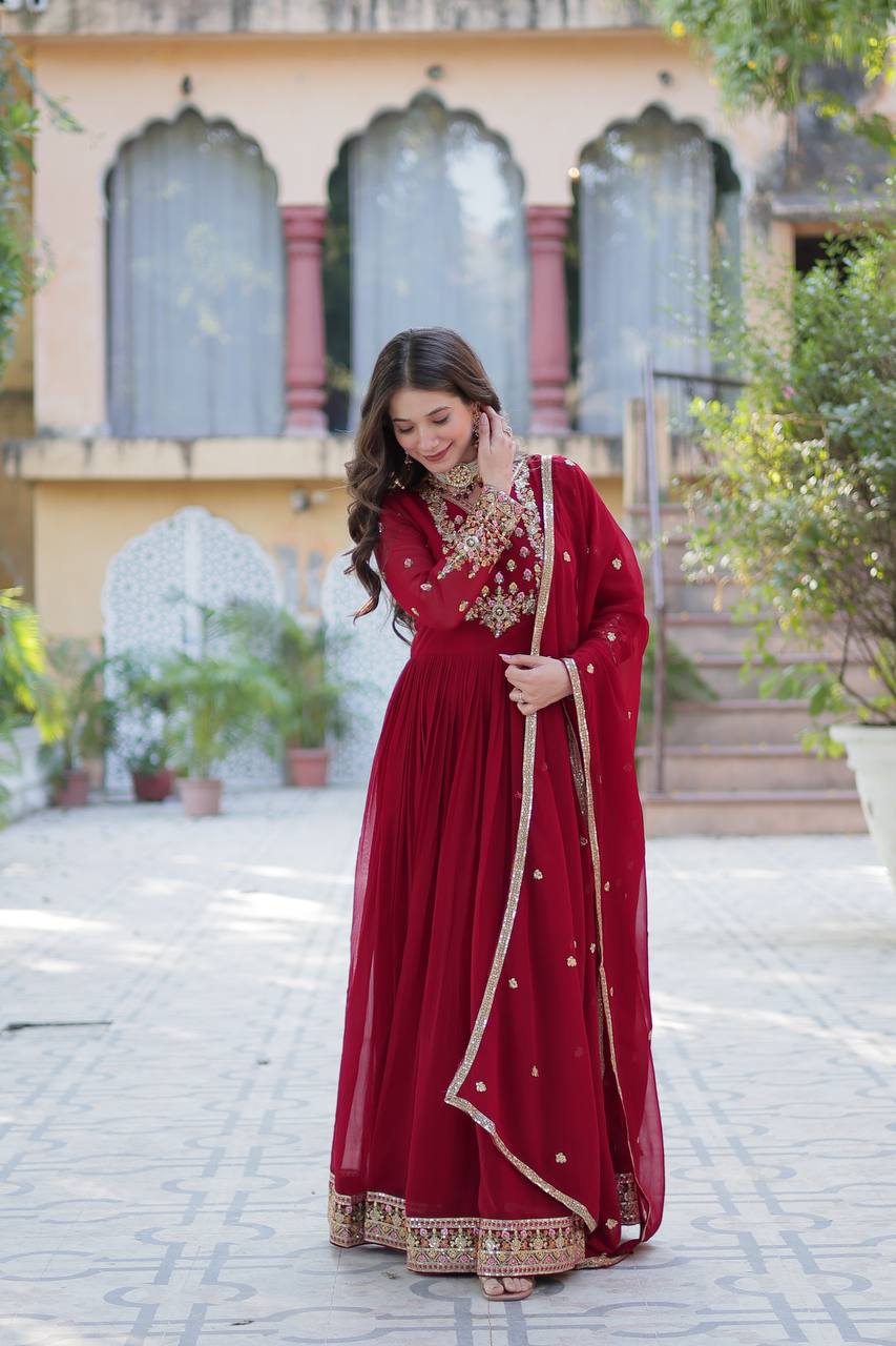 Classic Maroon Georgette With Sequins Embroidered Anarkali Suit