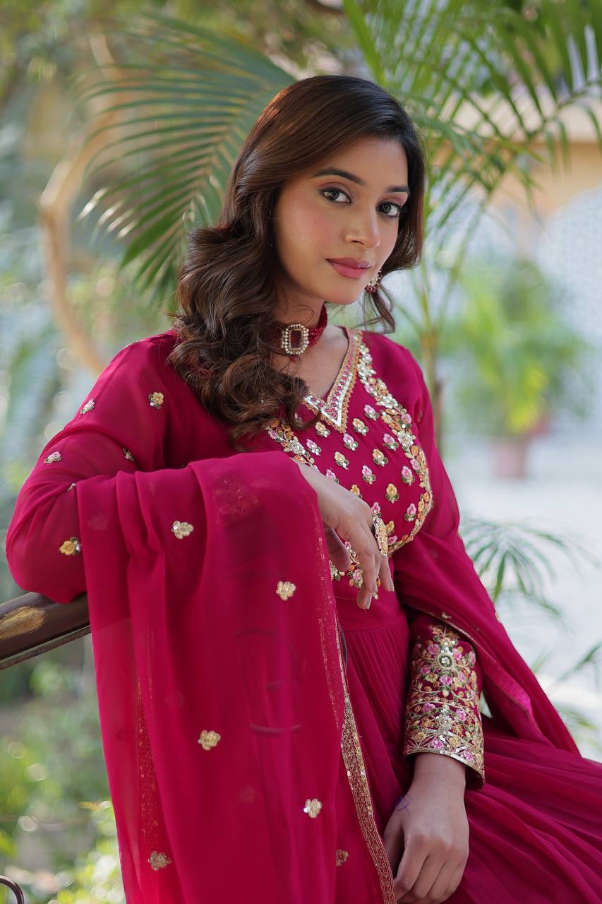 Classic Pink Georgette With Sequins Embroidered Anarkali Suit