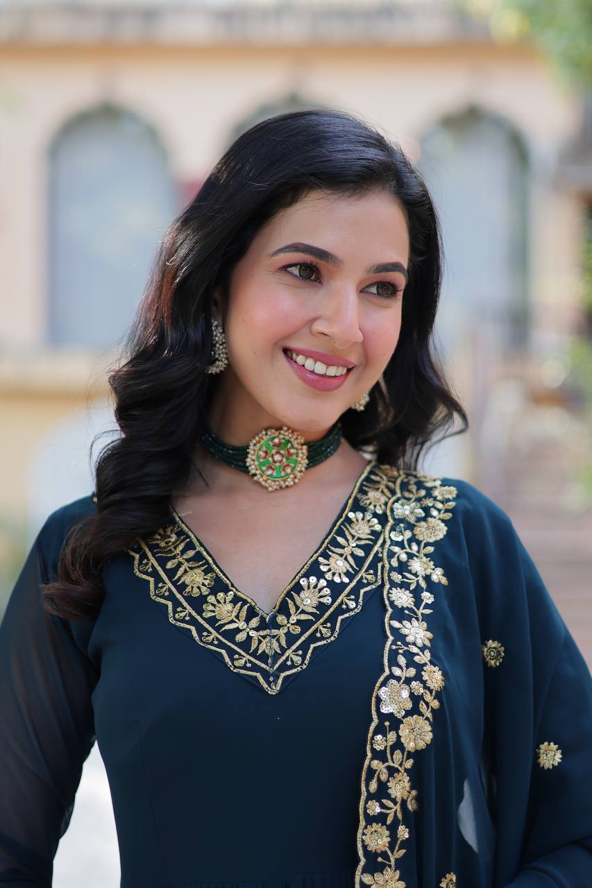 Rama Elegant Faux Blooming Embroidered Gown with Dupatta
