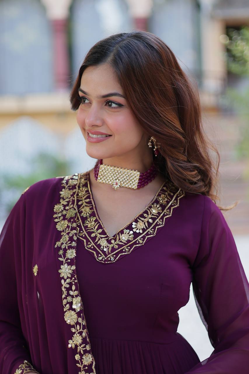 Dark Purple Elegant Faux Blooming Embroidered Gown with Dupatta
