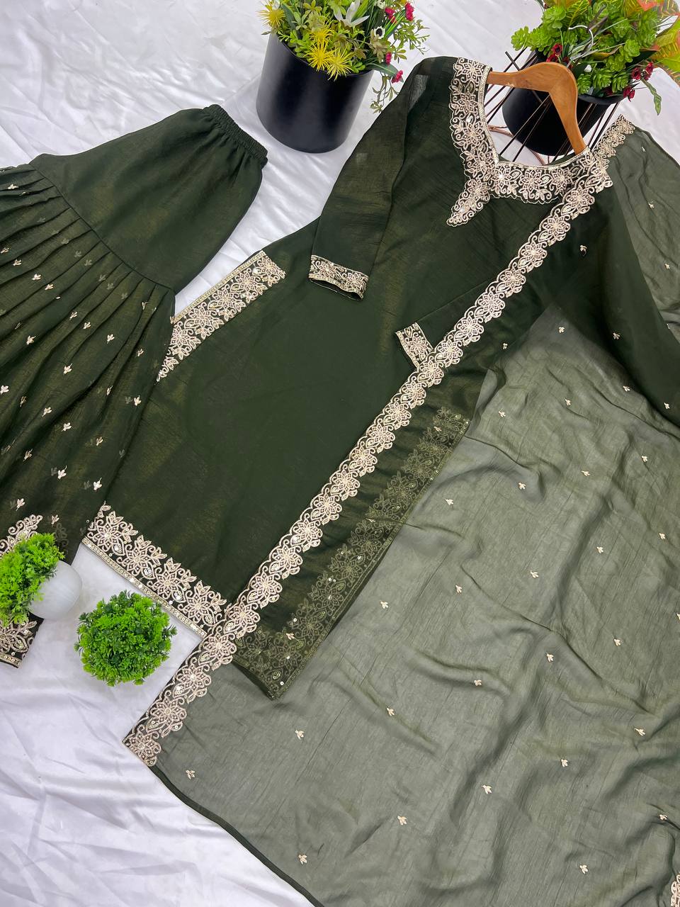 Elegant Green Heavy Crunchy Silk Sharara Suit with Embroidery Sequence Work | Fully Stitched Designer Ethnic Wear for Women