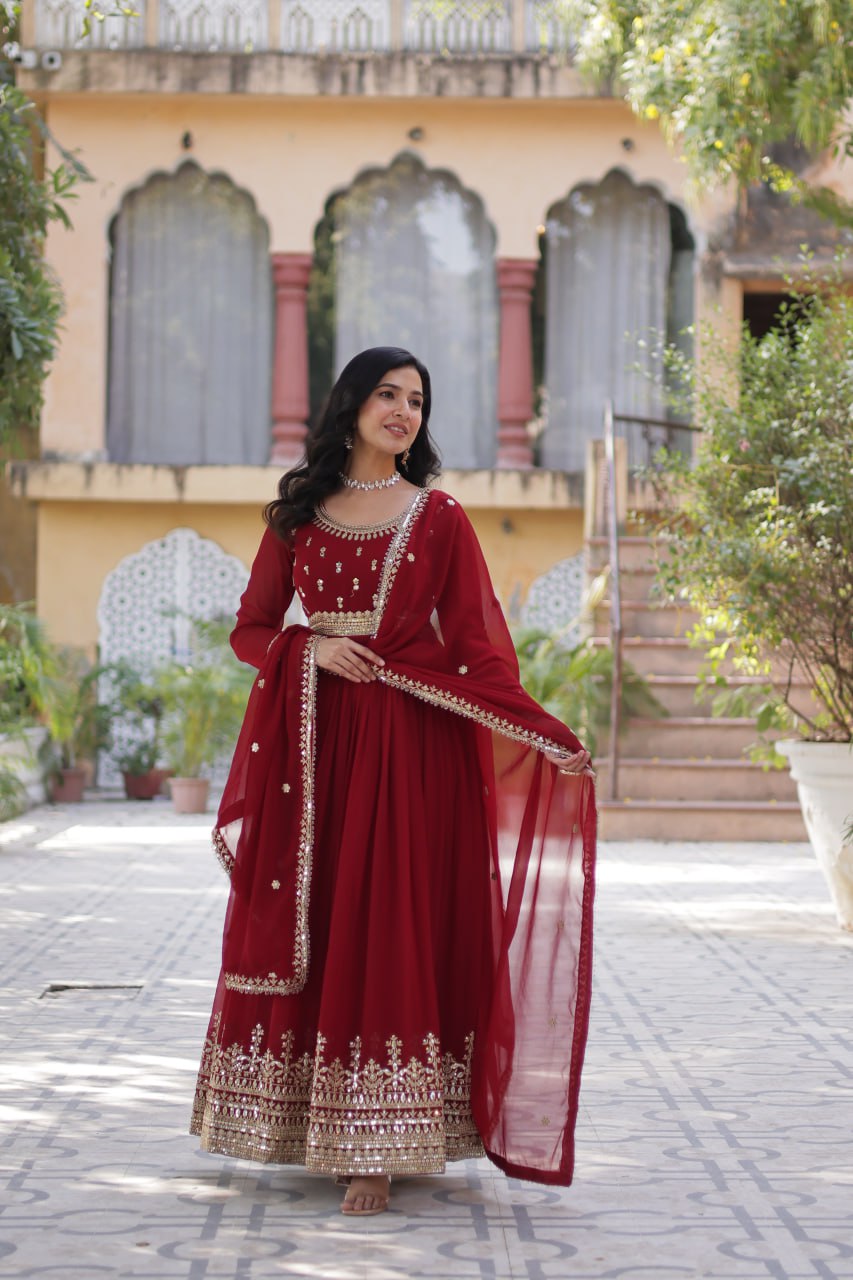 Red Faux Blooming Gown with Zari Sequins Embroidery & Dupatta | Fully Stitched Elegant Ethnic Wear for Weddings & Festive Occasions