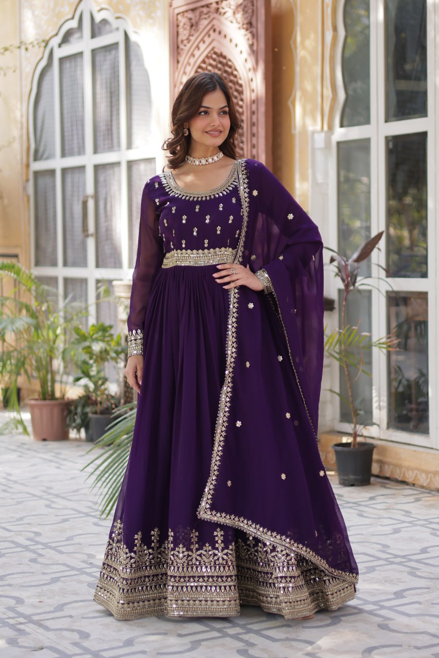 Purple Faux Blooming Gown with Zari Sequins Embroidery & Dupatta | Fully Stitched Elegant Ethnic Wear for Weddings & Festive Occasions