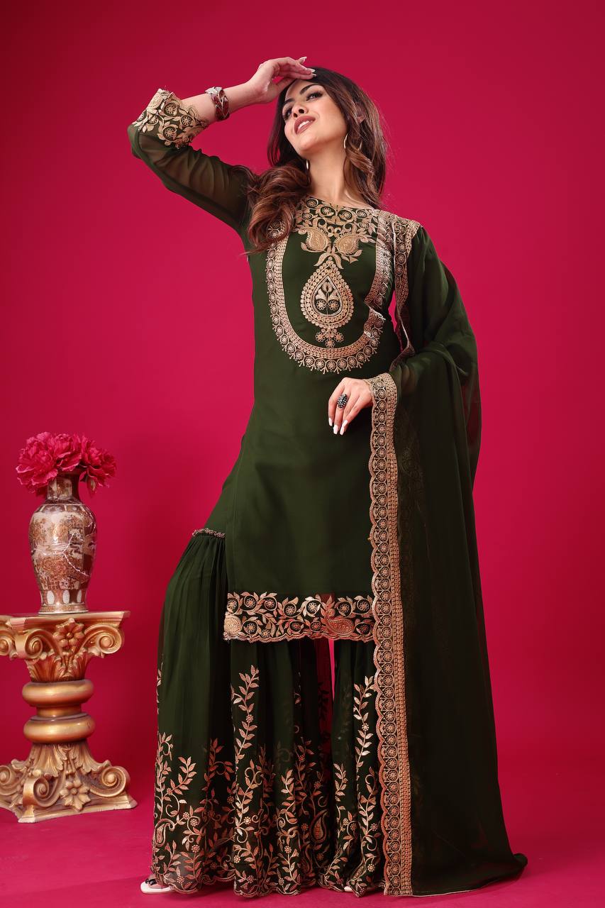 Blooming Faux Georgette Embroidered Green Co-Ord Set with Plazzo and Dupatta – Ready-to-Wear Ethnic Outfit for Women
