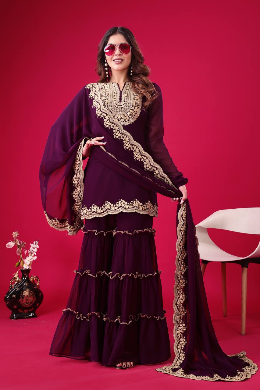 Blooming Faux Georgette Embroidered Co-Ord Set with Plazzo and Dupatta – Ready-to-Wear Indian Outfit for Women