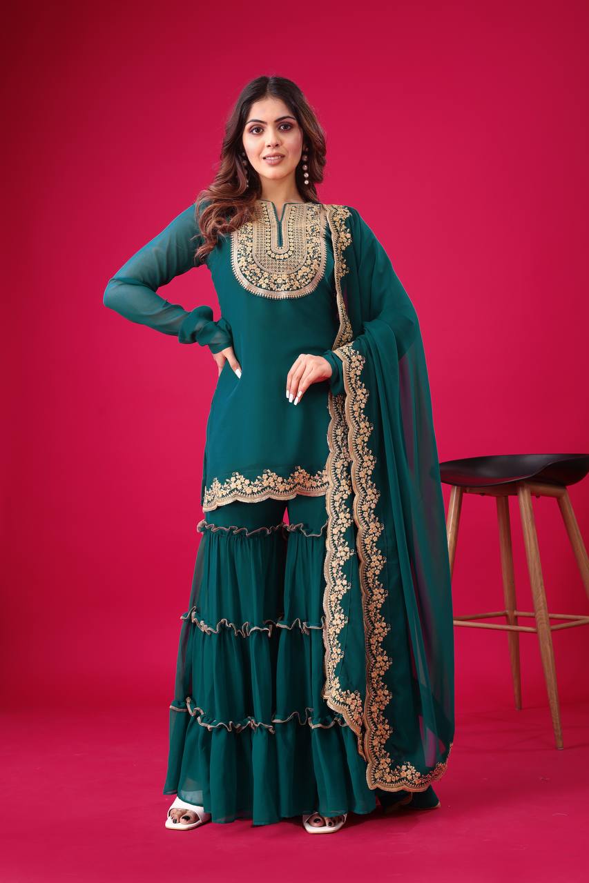 Blooming Faux Georgette Embroidered Co-Ord Set with Plazzo and Dupatta – Fully Stitched Ethnic Outfit for Women