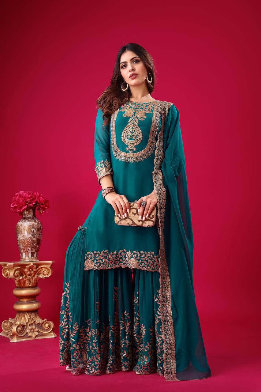 Blooming Faux Georgette Embroidered Bottle Green Co-Ord Set with Plazzo and Dupatta – Ready-to-Wear Ethnic Outfit for Women